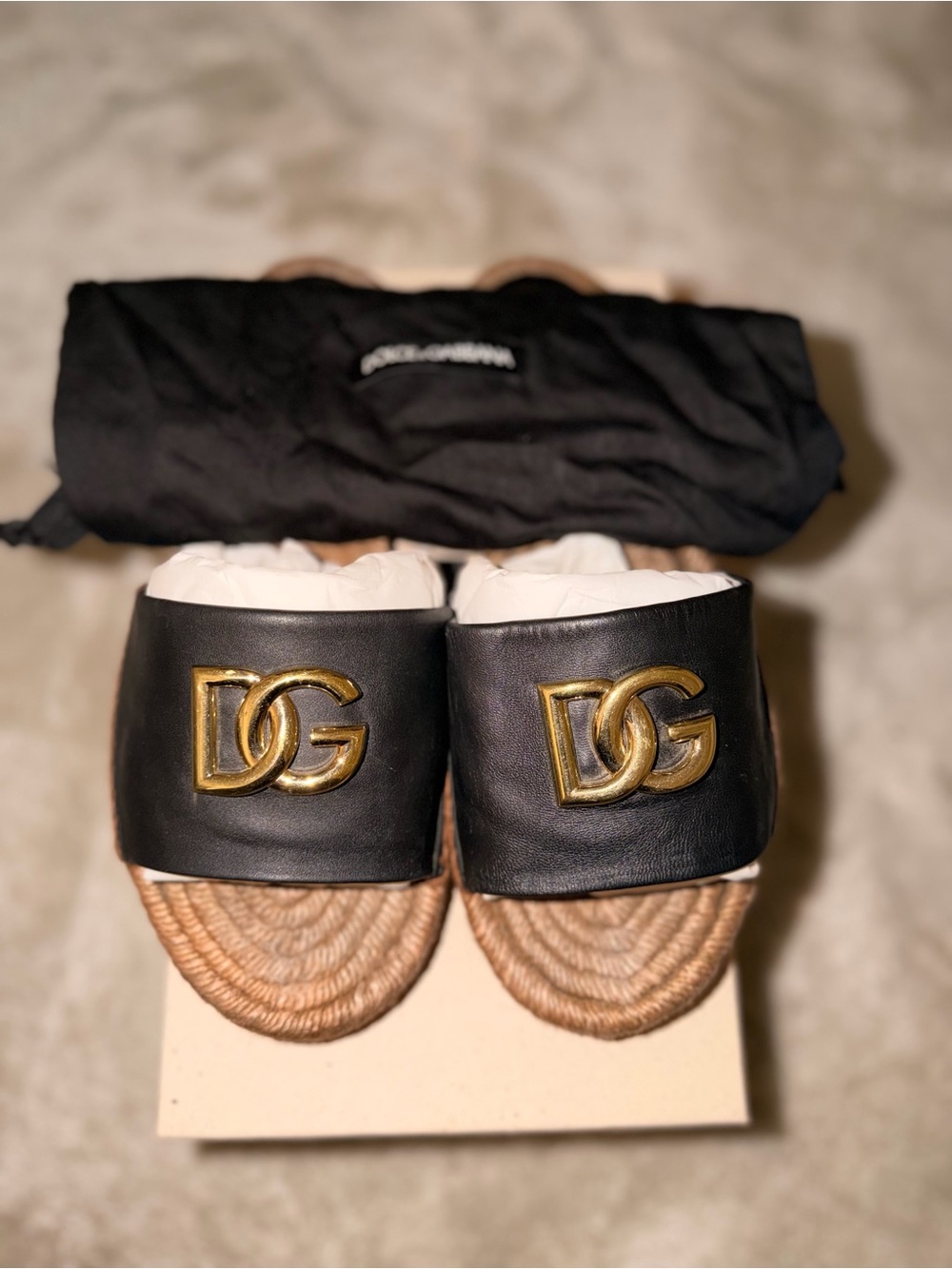 Dolce & Gabbana Black Leather Slides with Gold DG Logo